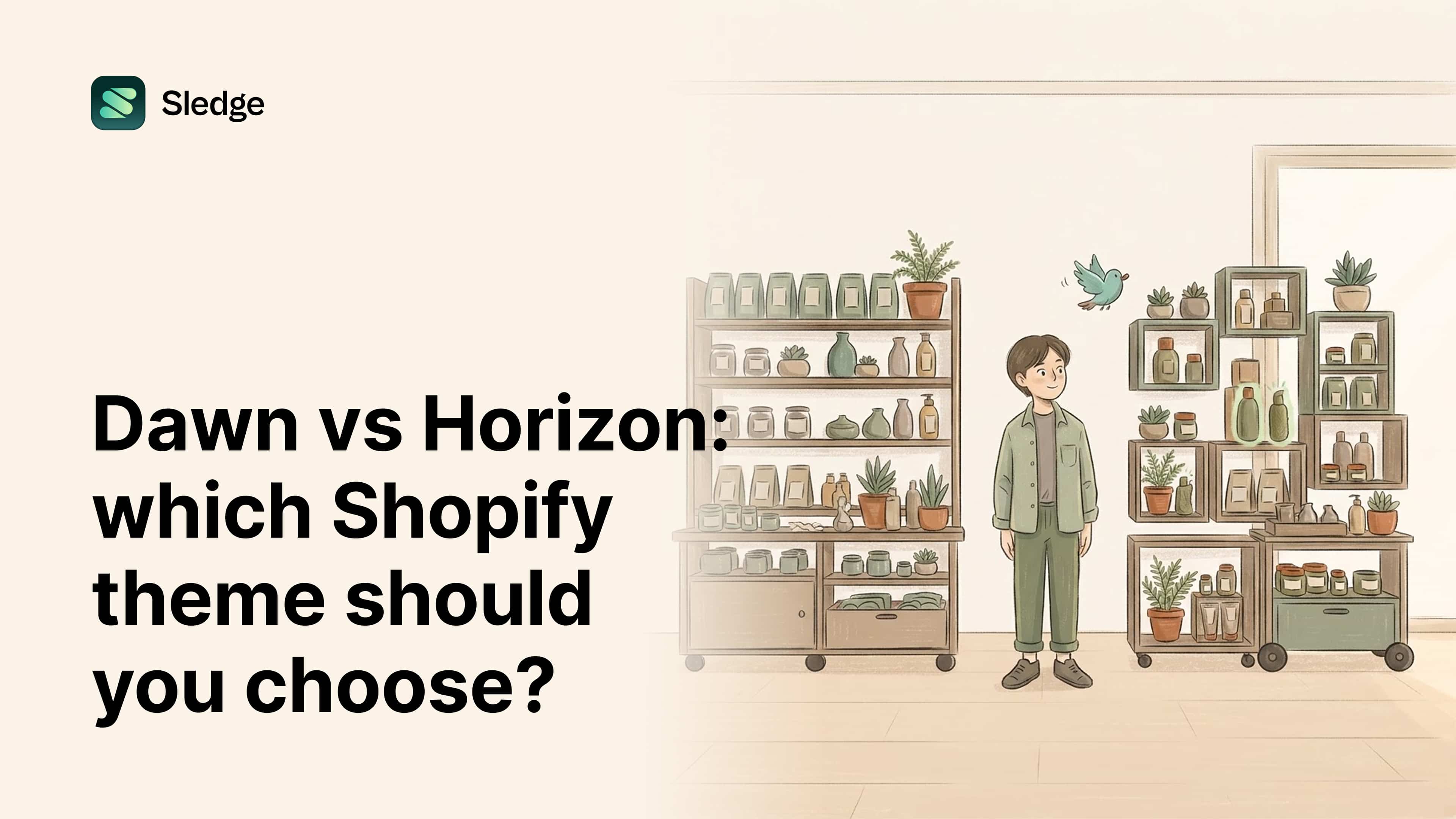 A person weighs two shelf styles, a classic ladder unit against stacked modular cubes, with a bird overhead.