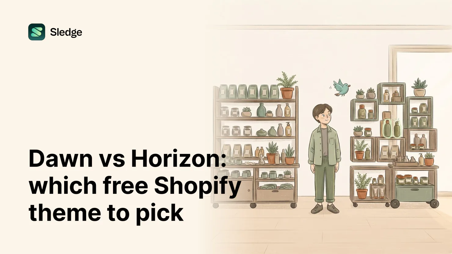 A person weighs two shelf styles, a classic ladder unit against stacked modular cubes, with a bird overhead.
