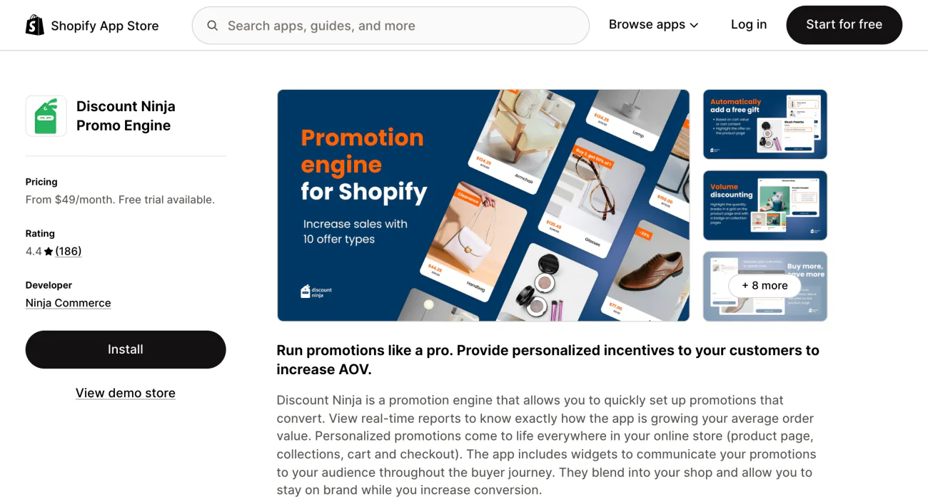 The Discount Ninja listing on the Shopify App Store, its description set beside the app screenshots.