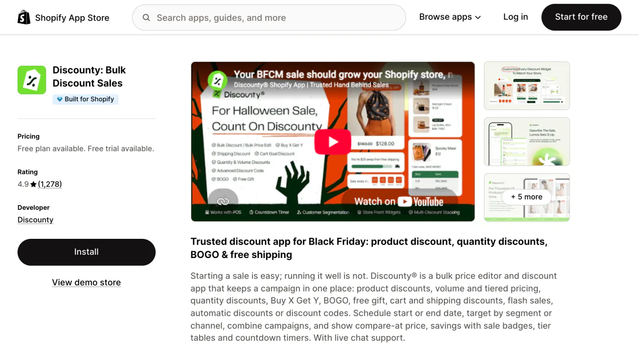 The Discounty listing on the Shopify App Store, with its summary and screenshots.