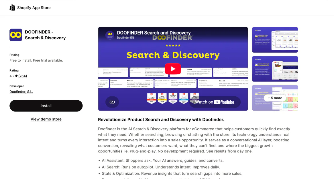 The Doofinder Search and Discovery listing on the Shopify App Store, previewing Doofinder's AI search bar, merchandising tools, and product filtering screens.