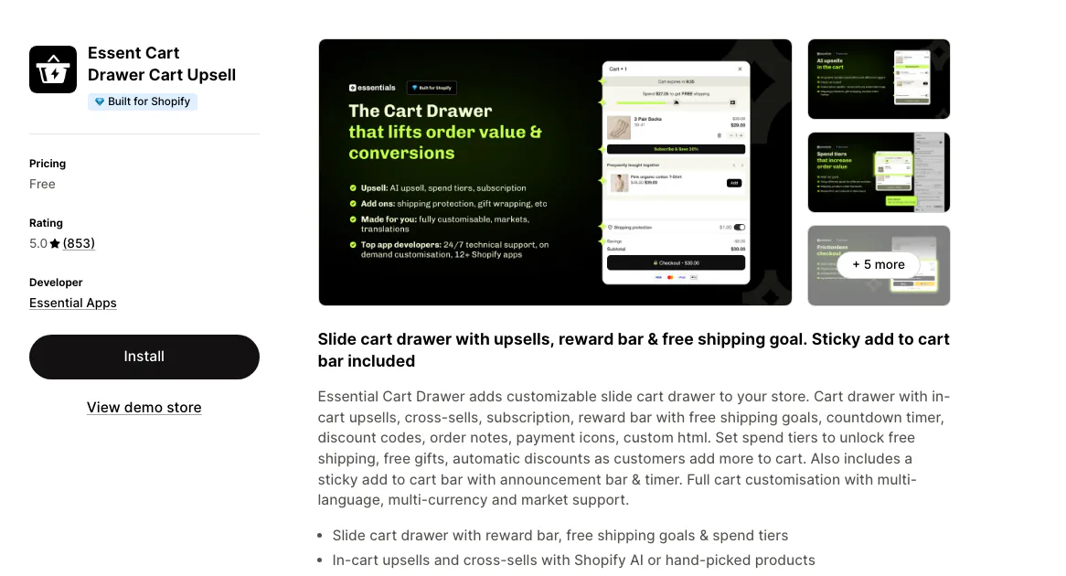 The Essent Cart Drawer Cart Upsell listing on the Shopify App Store by Essential Apps, Built for Shopify, rated 5.0 from 853 reviews and free.