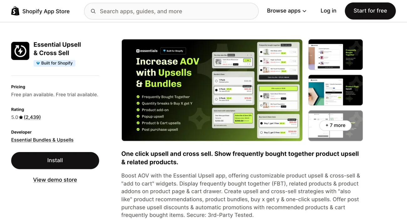 The Essential Upsell & Cross Sell listing on the Shopify App Store, with its summary and screenshot gallery.