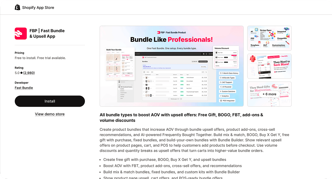 The FBP Fast Bundle and Upsell App listing on the Shopify App Store, rated 5.0 from 2,980 reviews and free to install.