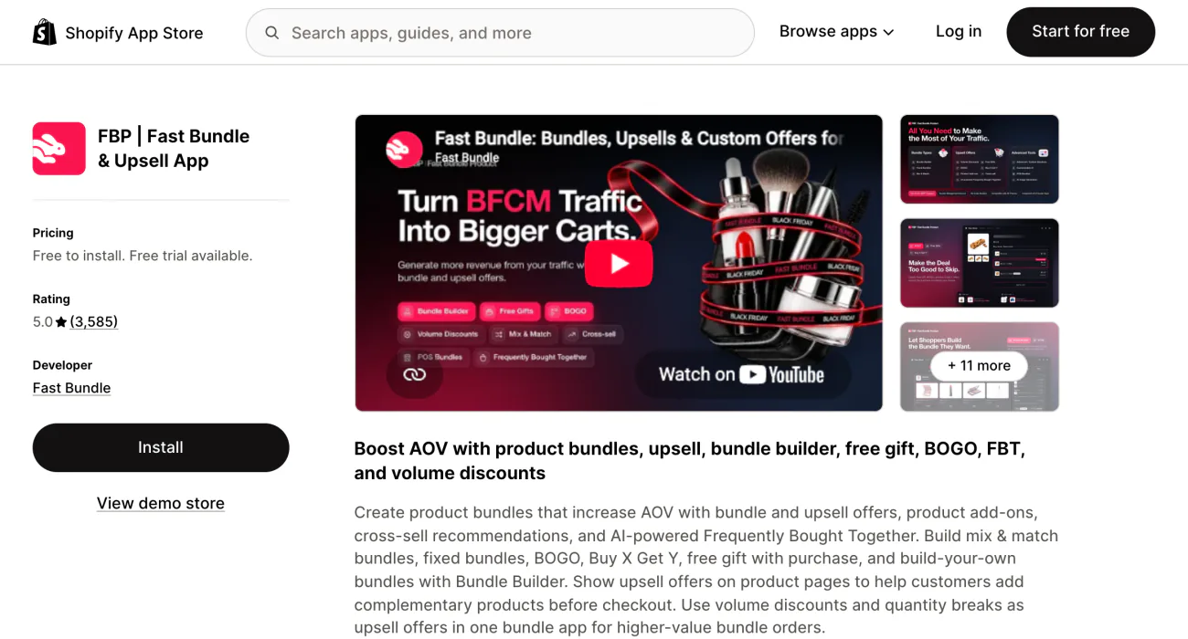 Fast Bundle's Shopify App Store listing, with its summary and screenshots.