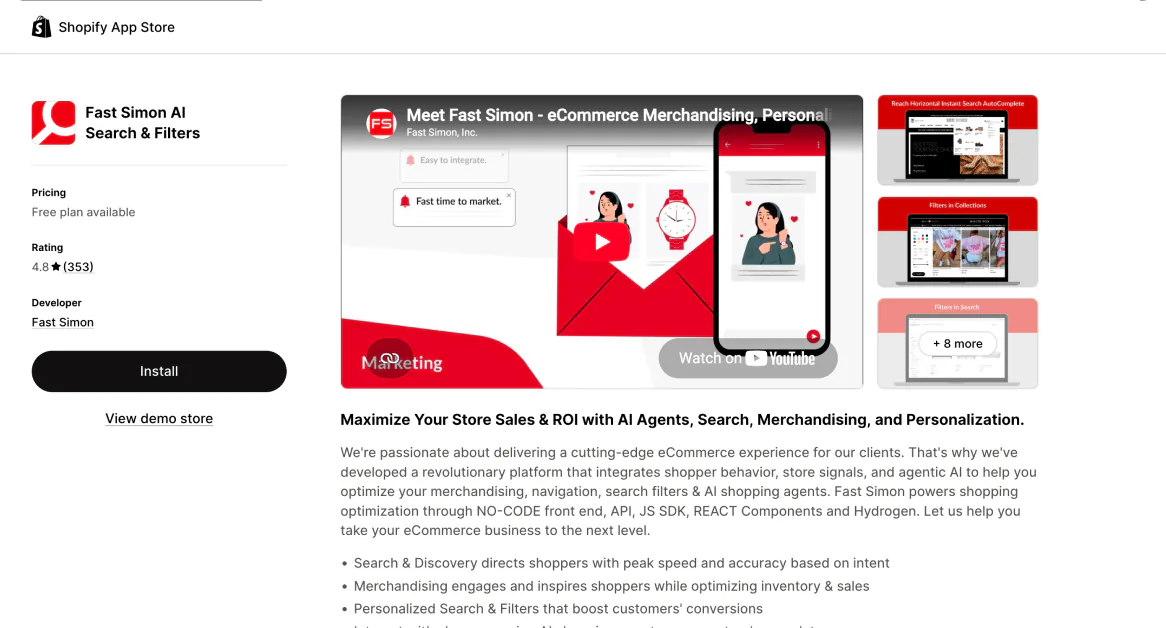 The Fast Simon AI Search and Filters listing on the Shopify App Store, previewing its instant search, collection filters, and filters inside search results.