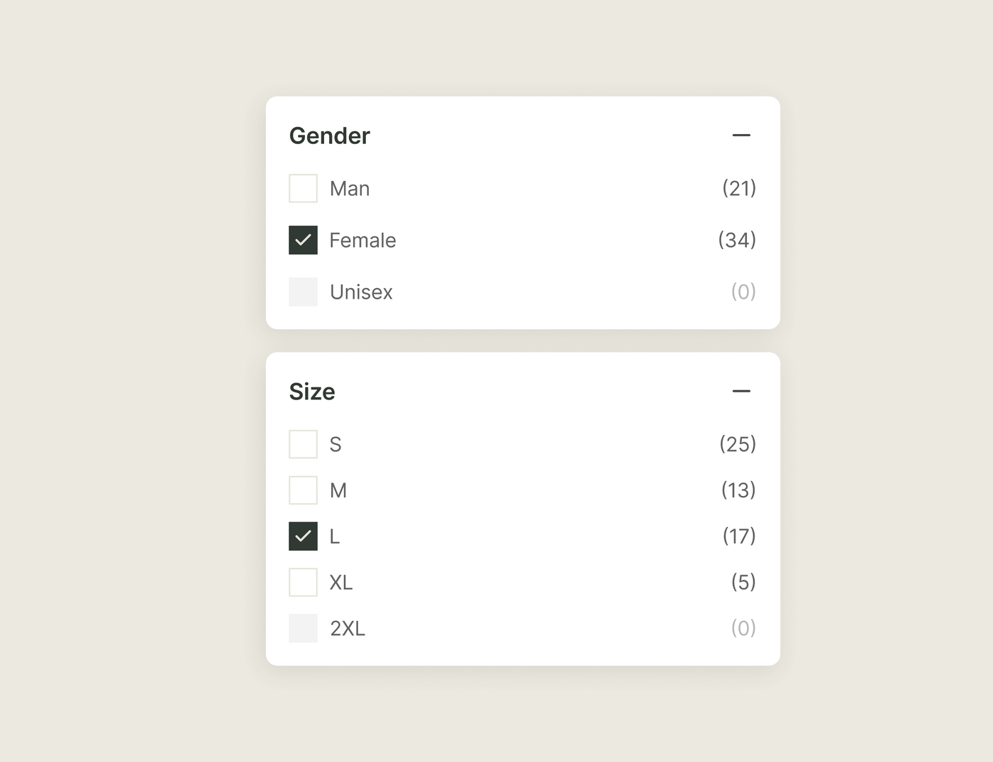 Shopify filter options showing a live count beside each one, with empty options greyed out.