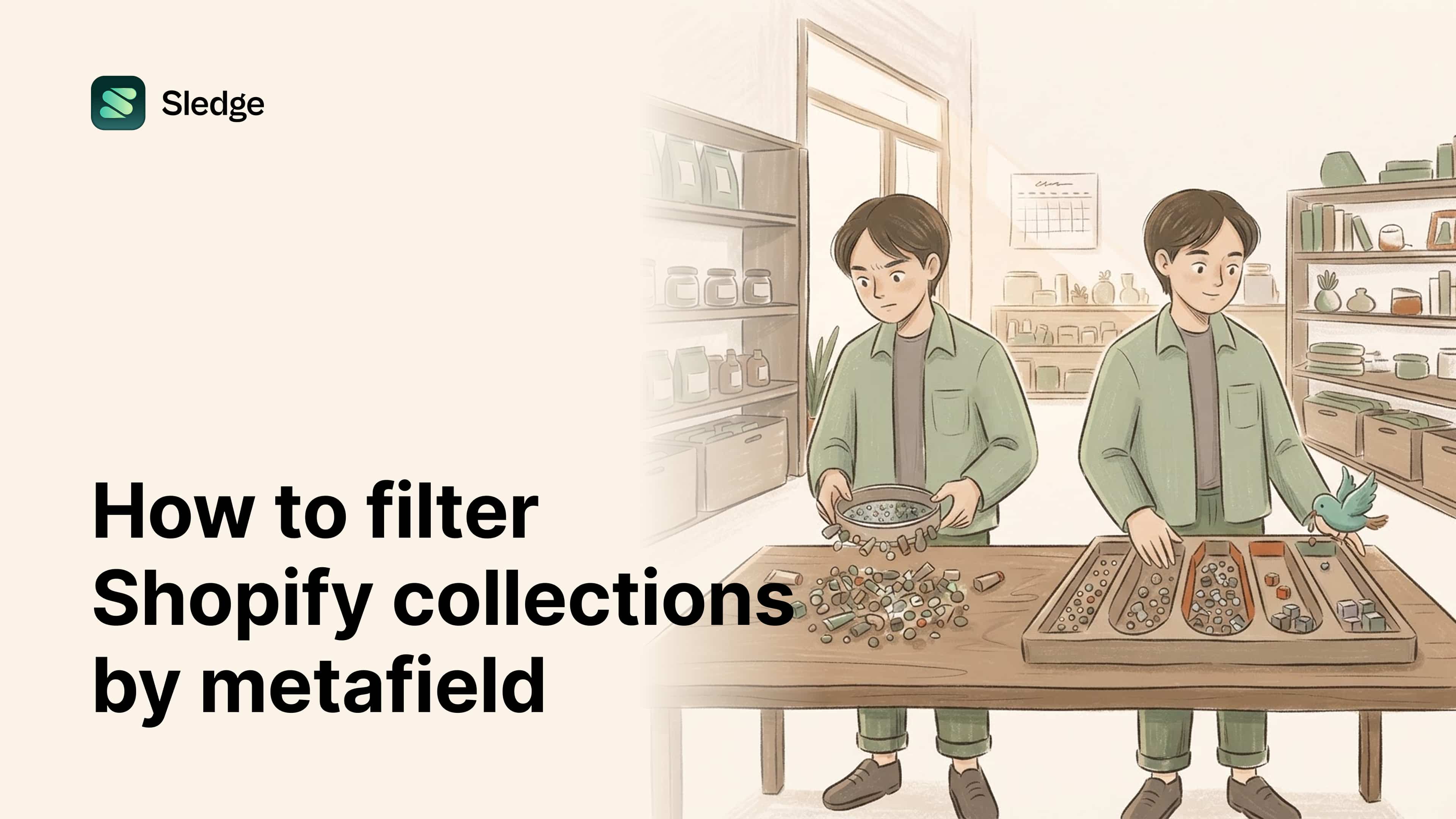 Two illustrated figures sort a pile of mixed beads: one sifts a jumbled bowl, the other files them into neat tray lanes.