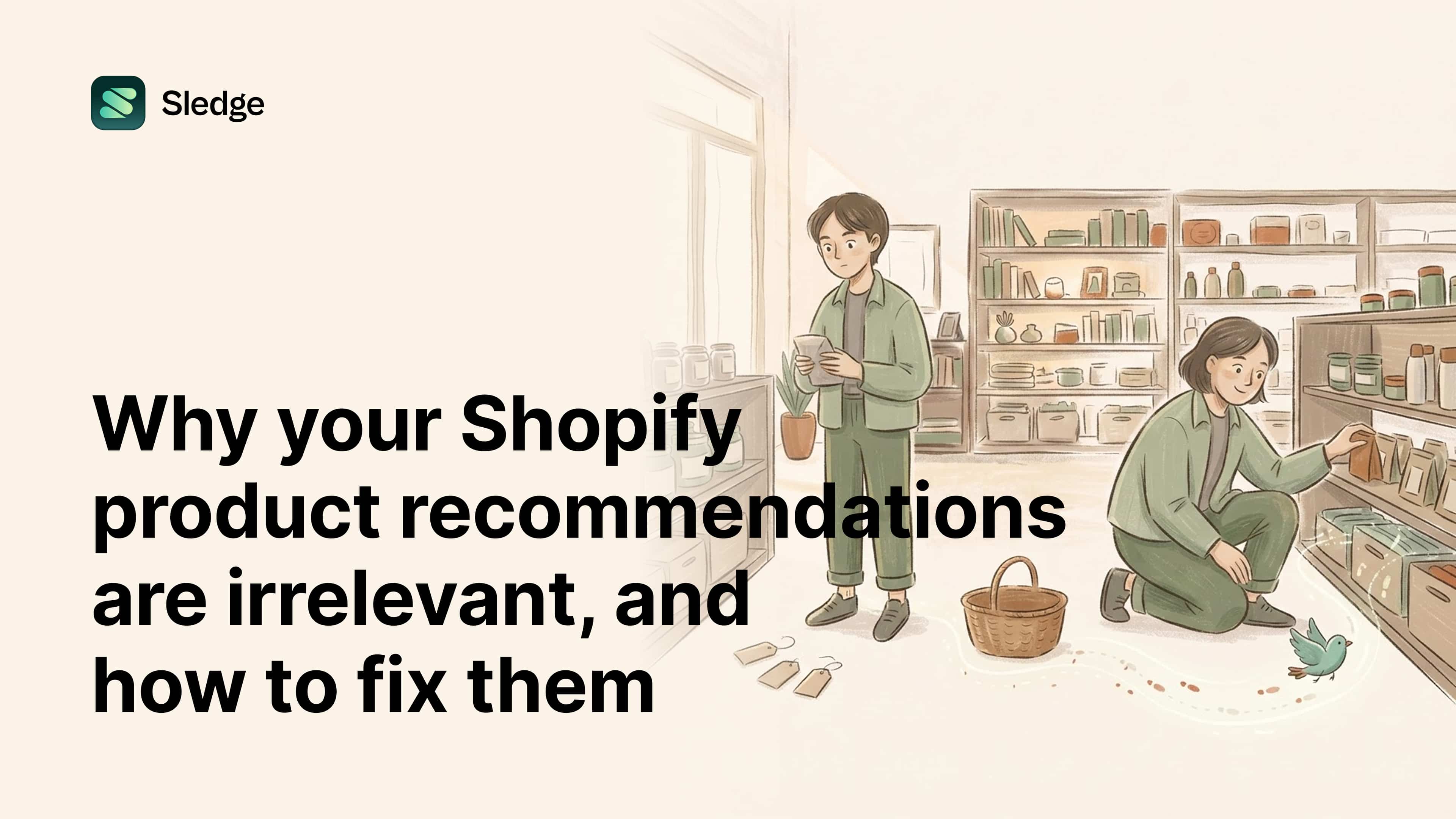 One shopper puzzles over a package by loose price tags while a helper restocks a shelf along a marked trail.