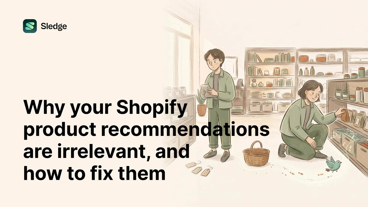 One shopper puzzles over a package by loose price tags while a helper restocks a shelf along a marked trail.