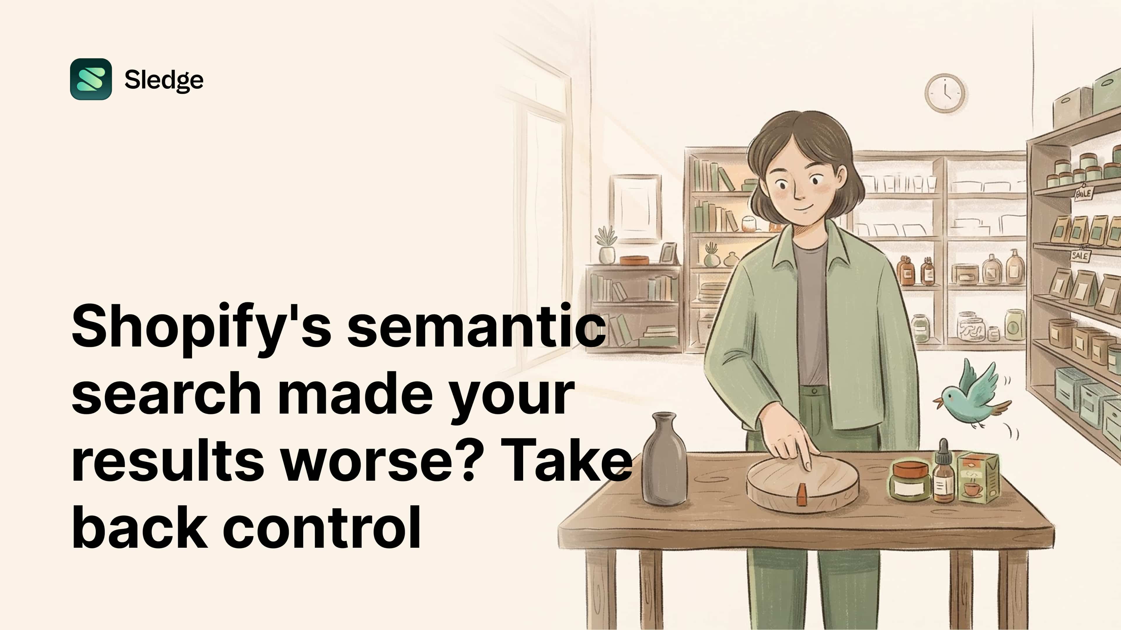 Illustrated store scene: a person tunes a round wooden dial on the counter by hand, jars and bottles waiting around it.