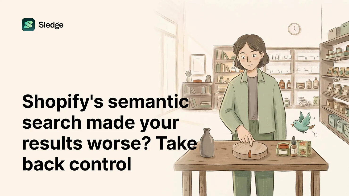 Illustrated store scene: a person tunes a round wooden dial on the counter by hand, jars and bottles waiting around it.