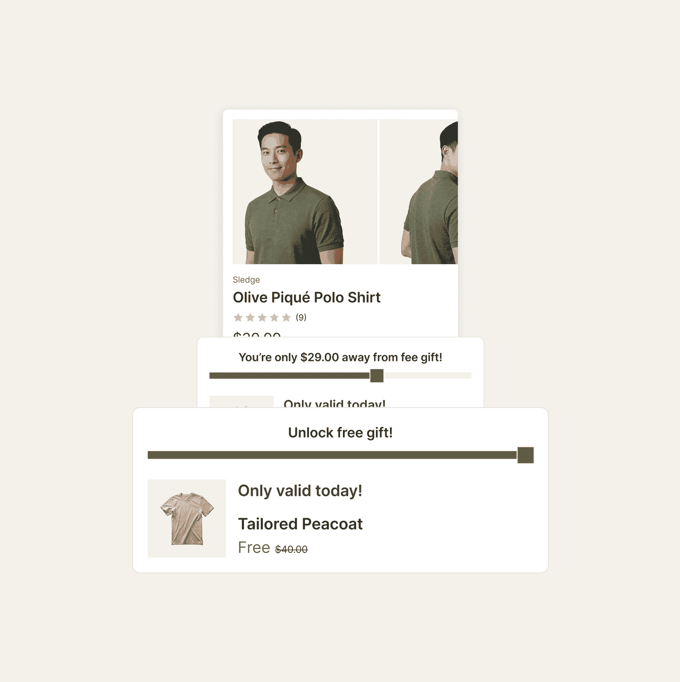 A Shopify product page with a free gift progress bar and the unlocked gift shown at zero dollars.