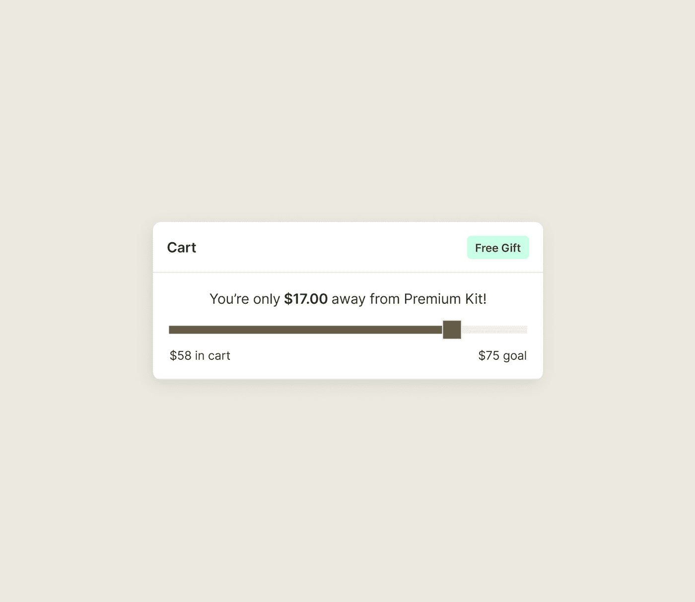 A Shopify cart progress bar showing $58 in the cart against a $75 free gift goal.