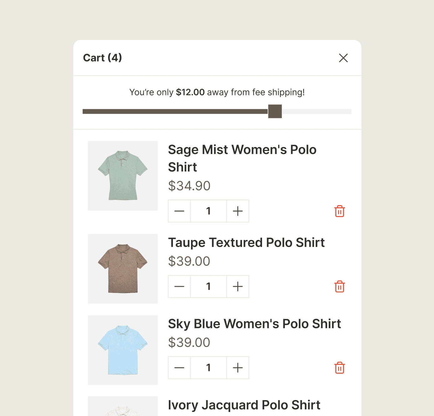 A Shopify cart drawer telling the shopper they are $12 away from free shipping.