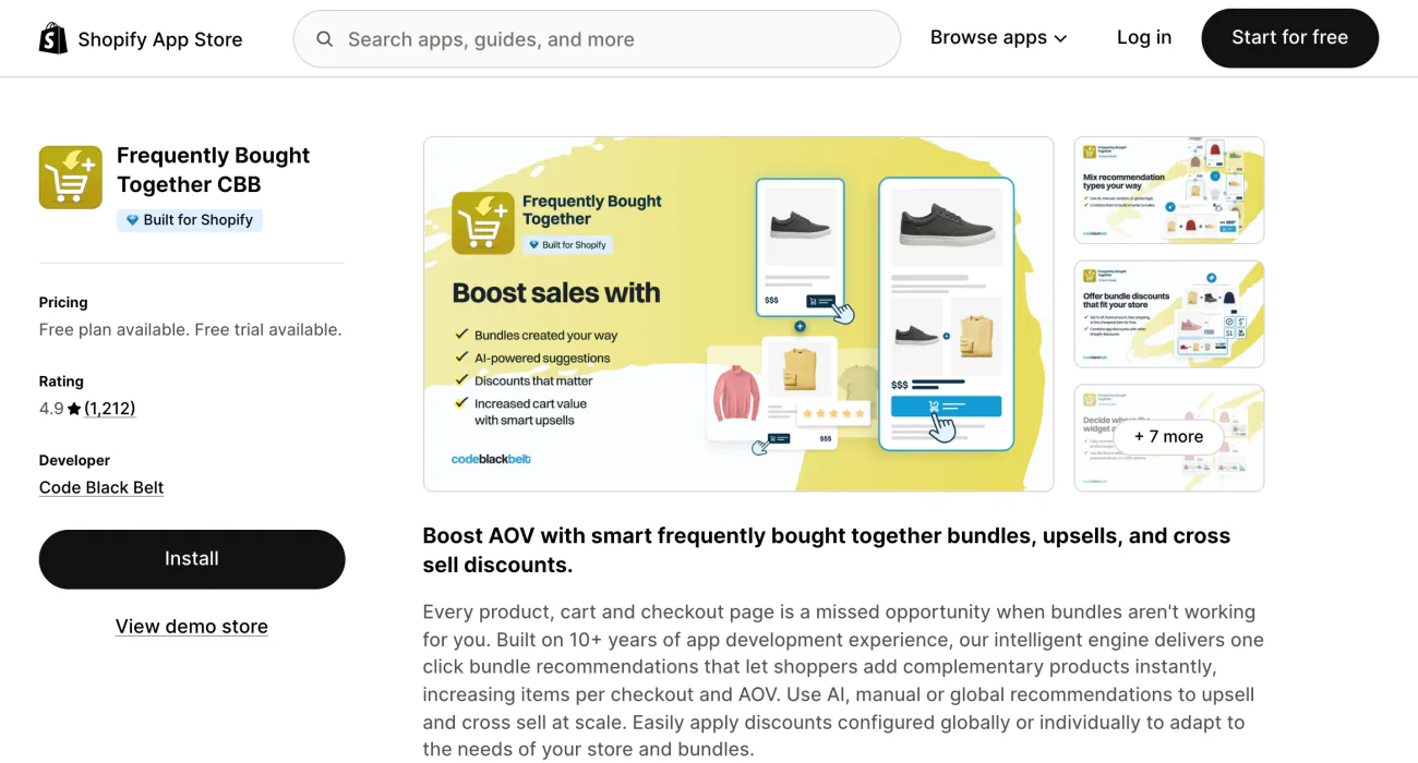 The Frequently Bought Together listing on the Shopify App Store, with its summary and screenshots.