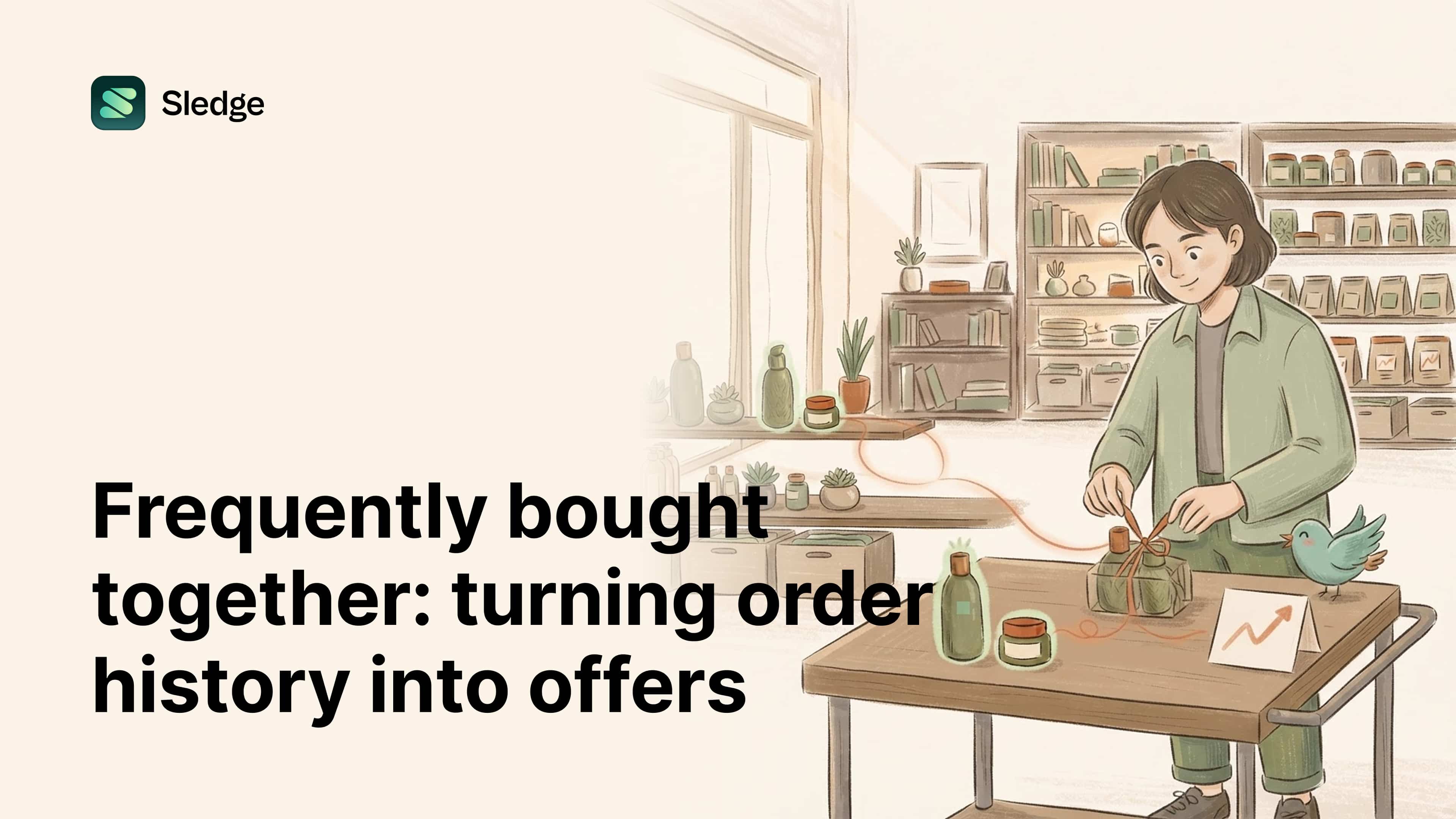 A person ties two products into one ribboned pair while a thread links matching items across the shelves.