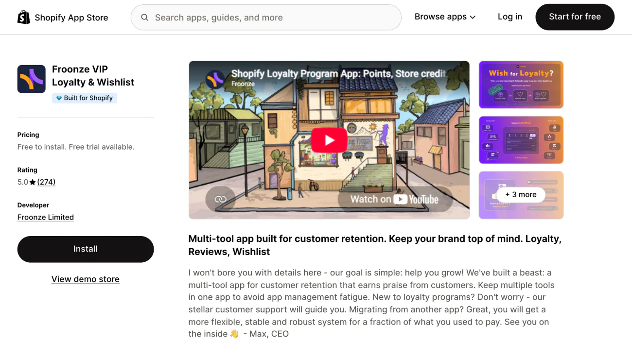 The Froonze VIP Loyalty & Wishlist listing on the Shopify App Store, with its summary and screenshots.