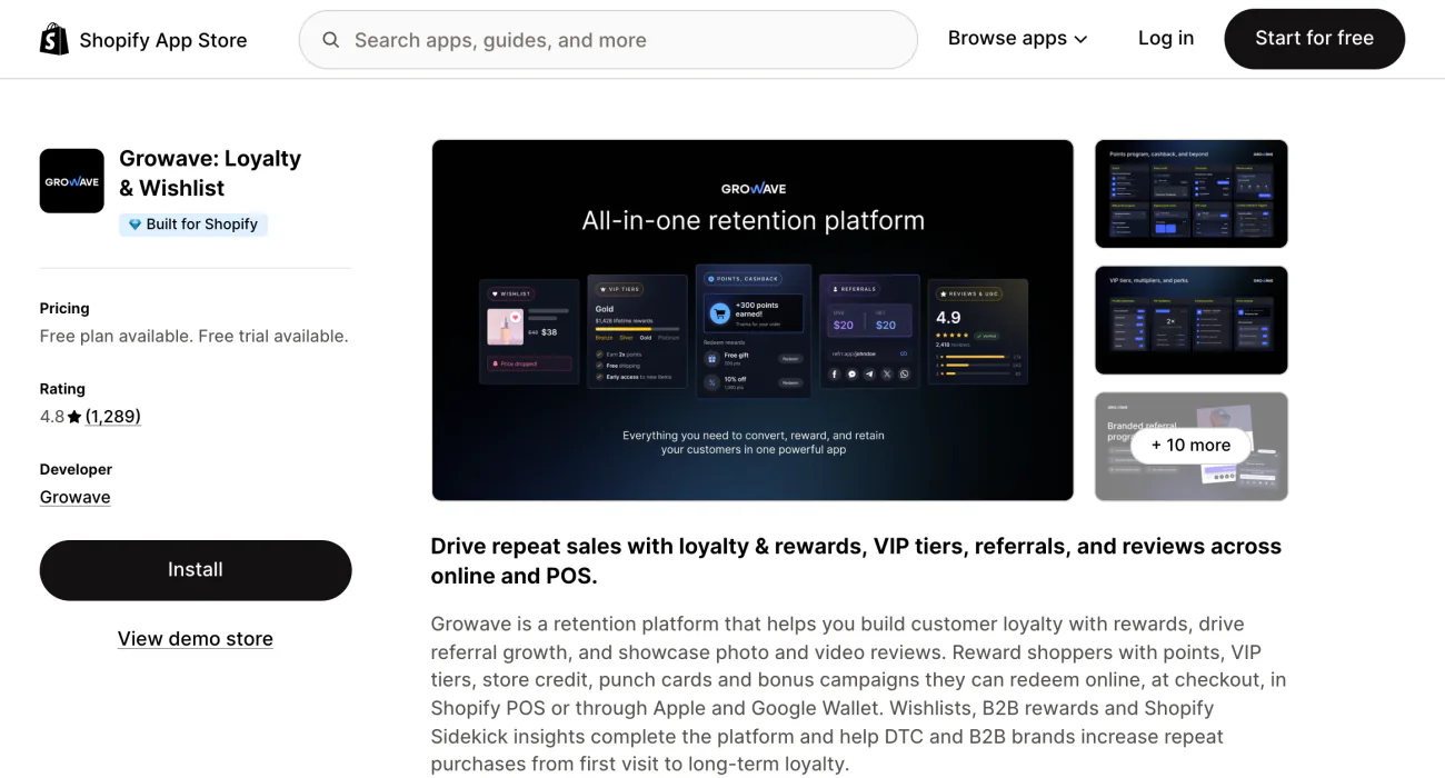 Growave's Shopify App Store listing, with the app summary and its screenshots.