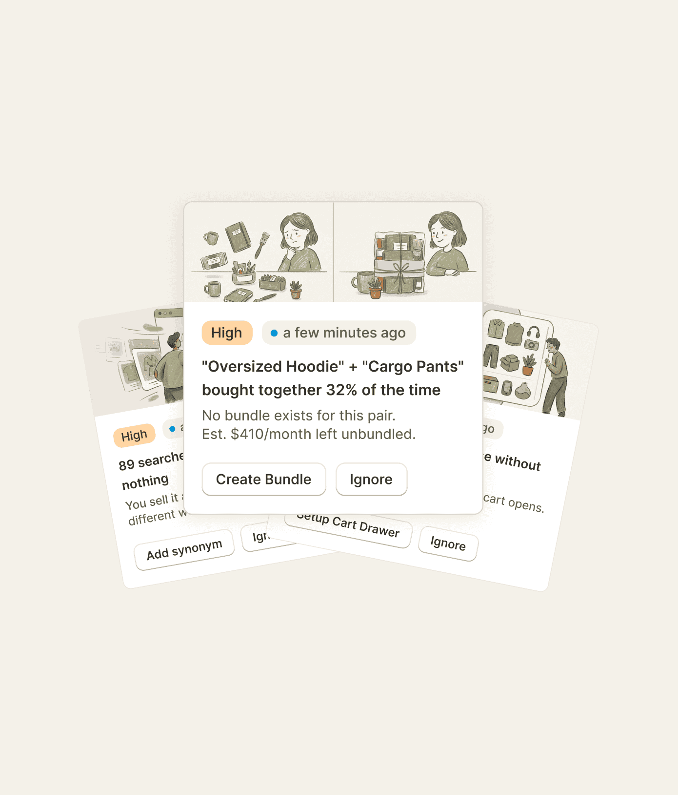 Growth Intelligence listing today's moves for a Shopify store, each with a dollar estimate and an apply button.