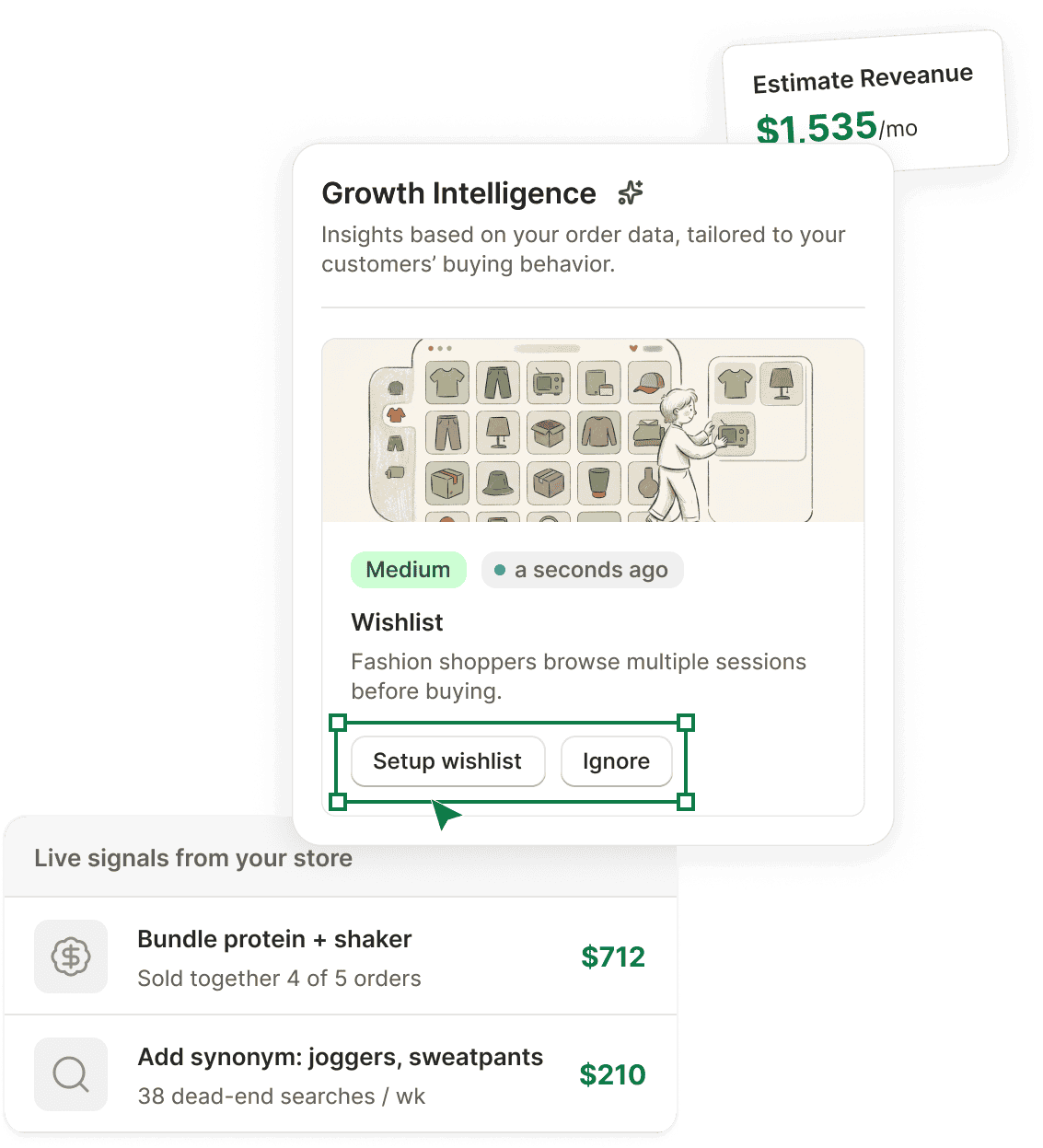 Growth Intelligence reading a Shopify store and naming today's moves with the revenue each one should earn.