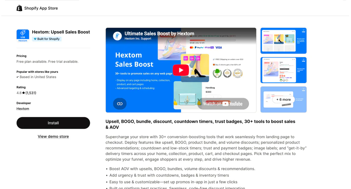 The Hextom Upsell Sales Boost listing on the Shopify App Store, rated 4.8 from 1,531 reviews, Built for Shopify, with a free plan and a free trial.