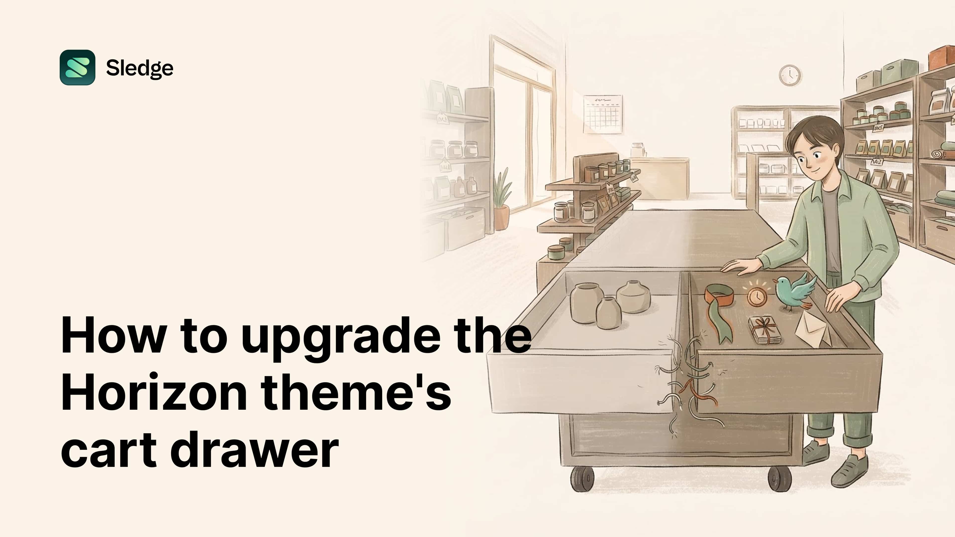 Illustrated scene: two open drawers side by side, one bare with pots, one dressed with a ribbon, a timer, and a parcel.