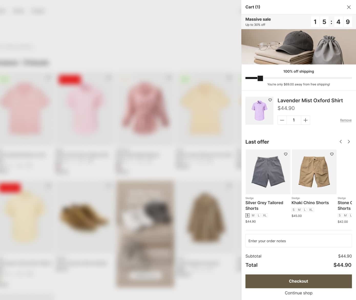 Sledge cart drawer on Horizon with a countdown, free shipping progress bar and a last offer carousel.