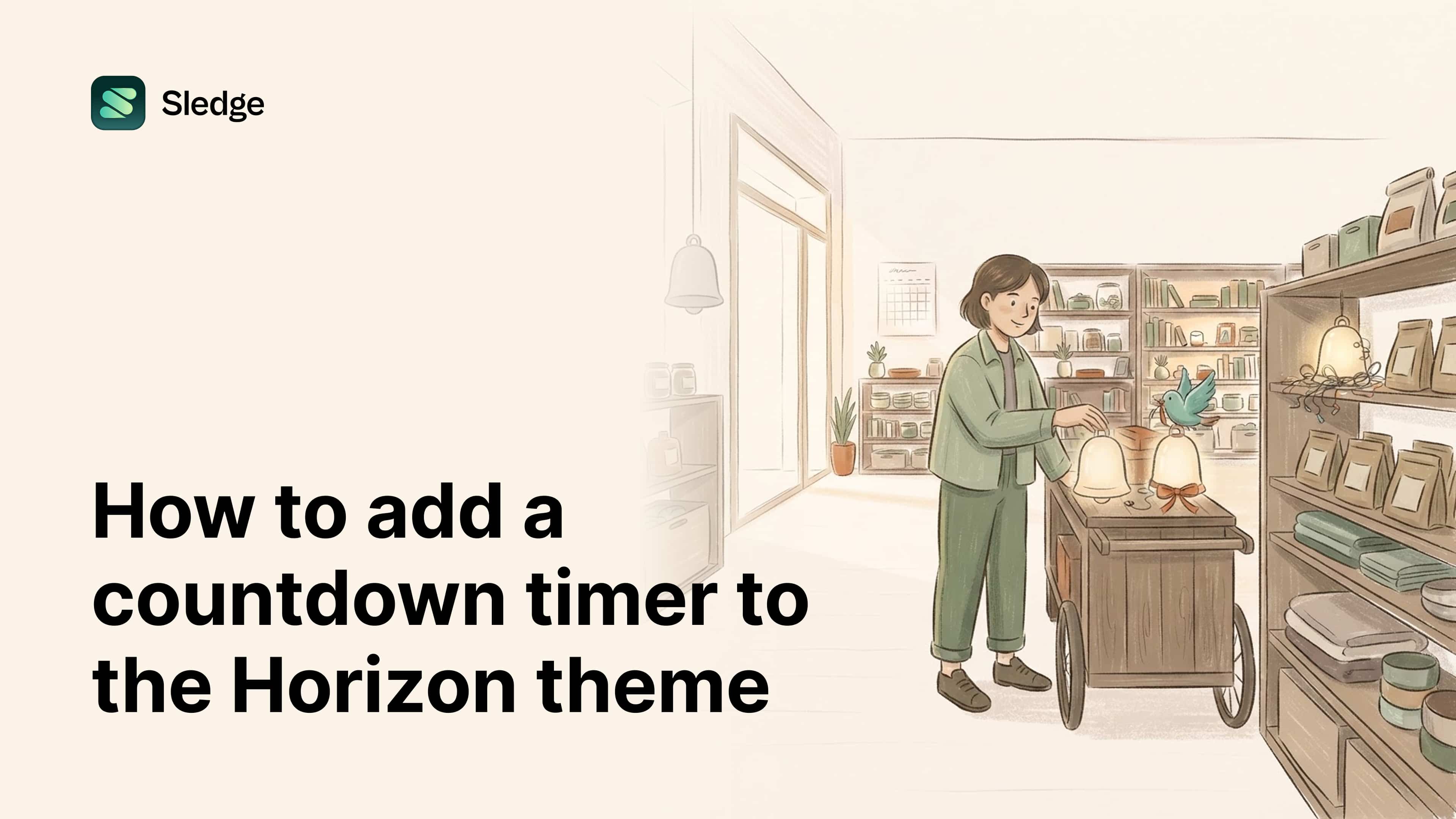 Illustration of glowing bells with bows arranged on a wooden cart, a teal bird flying one more in from the shelves.