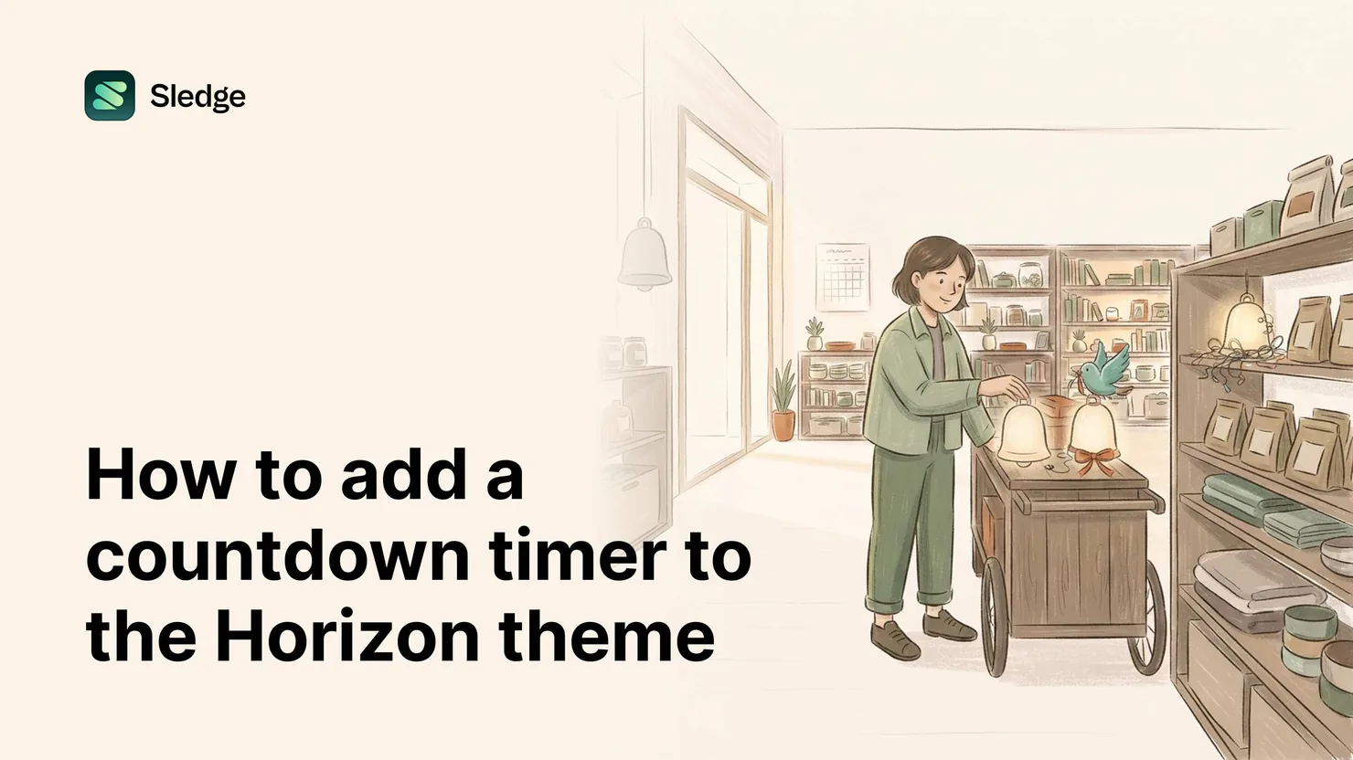 Illustration of glowing bells with bows arranged on a wooden cart, a teal bird flying one more in from the shelves.