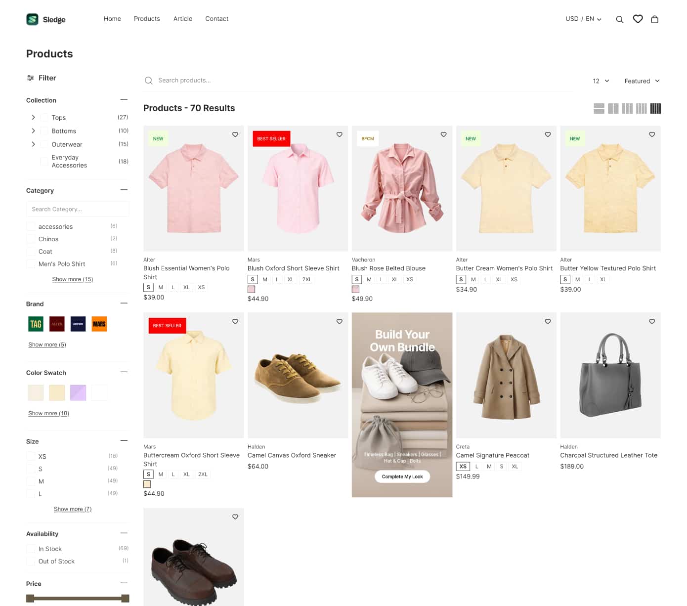 Collection page on Horizon with a Sledge filter sidebar for category, brand, color swatch, size, availability and price.