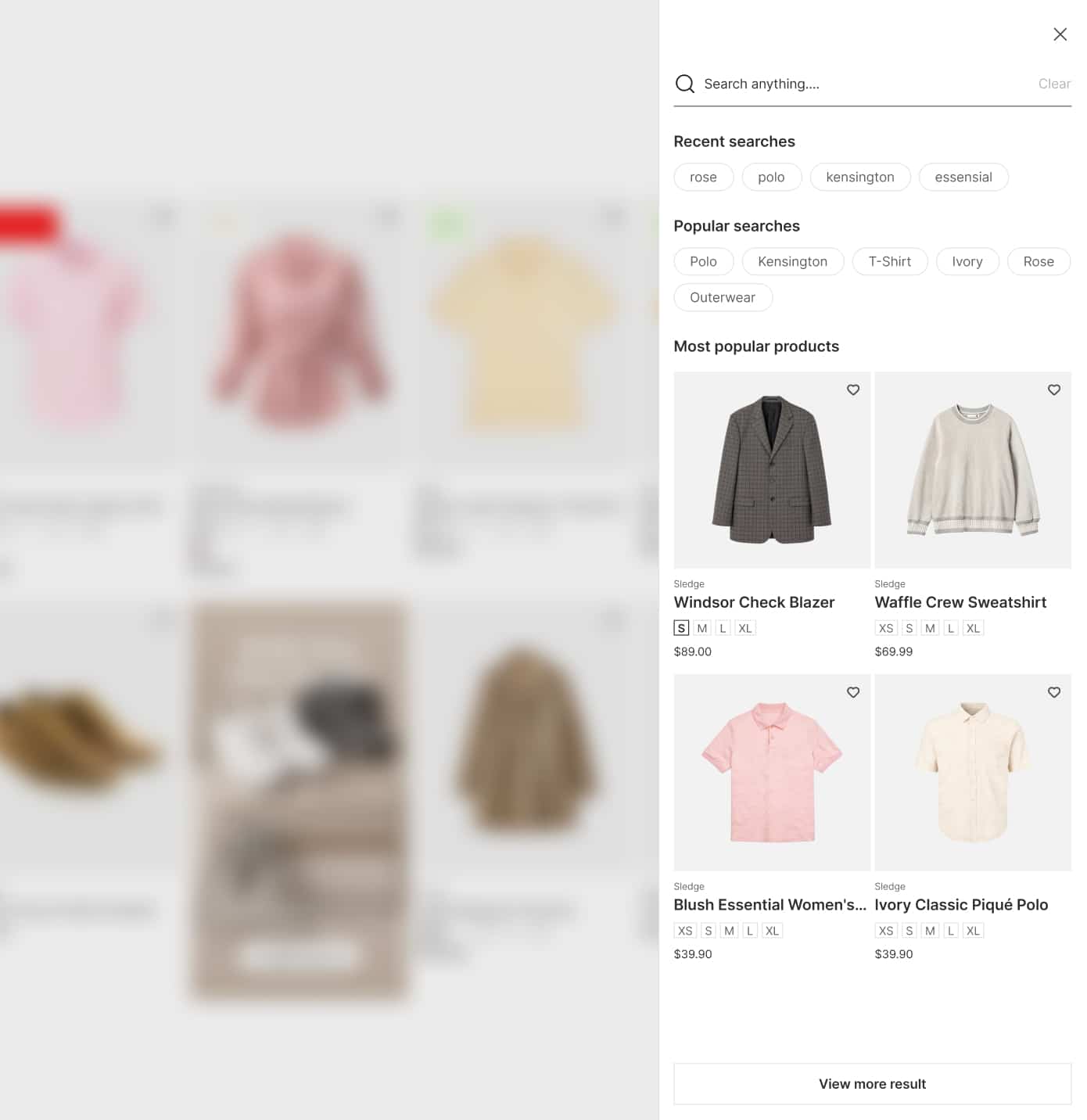 Sledge instant search drawer on Horizon with recent searches, popular searches and most popular products.