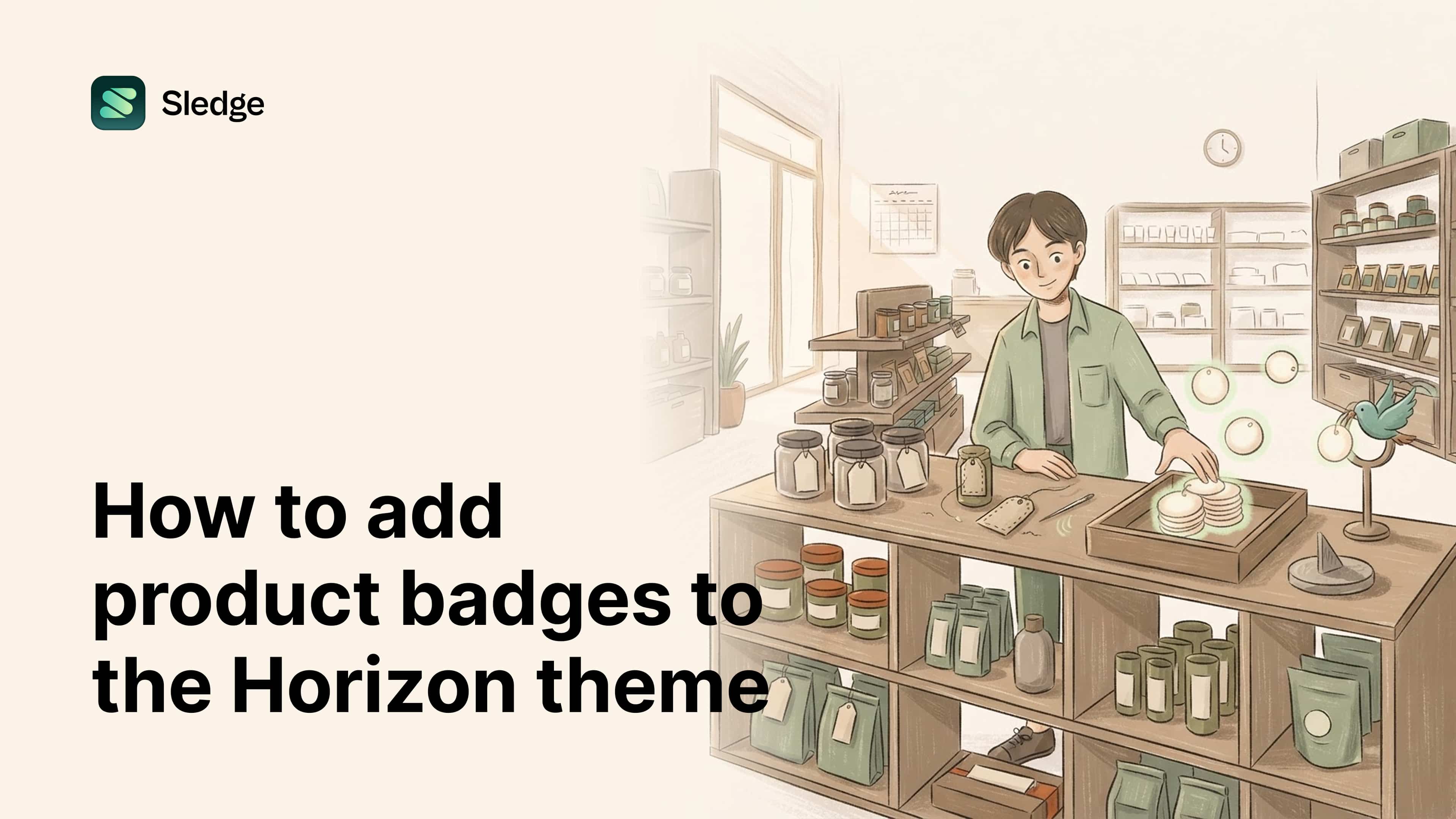 Illustration of glowing round badges sorted into a tray beside tagged jars on a store shelf unit.