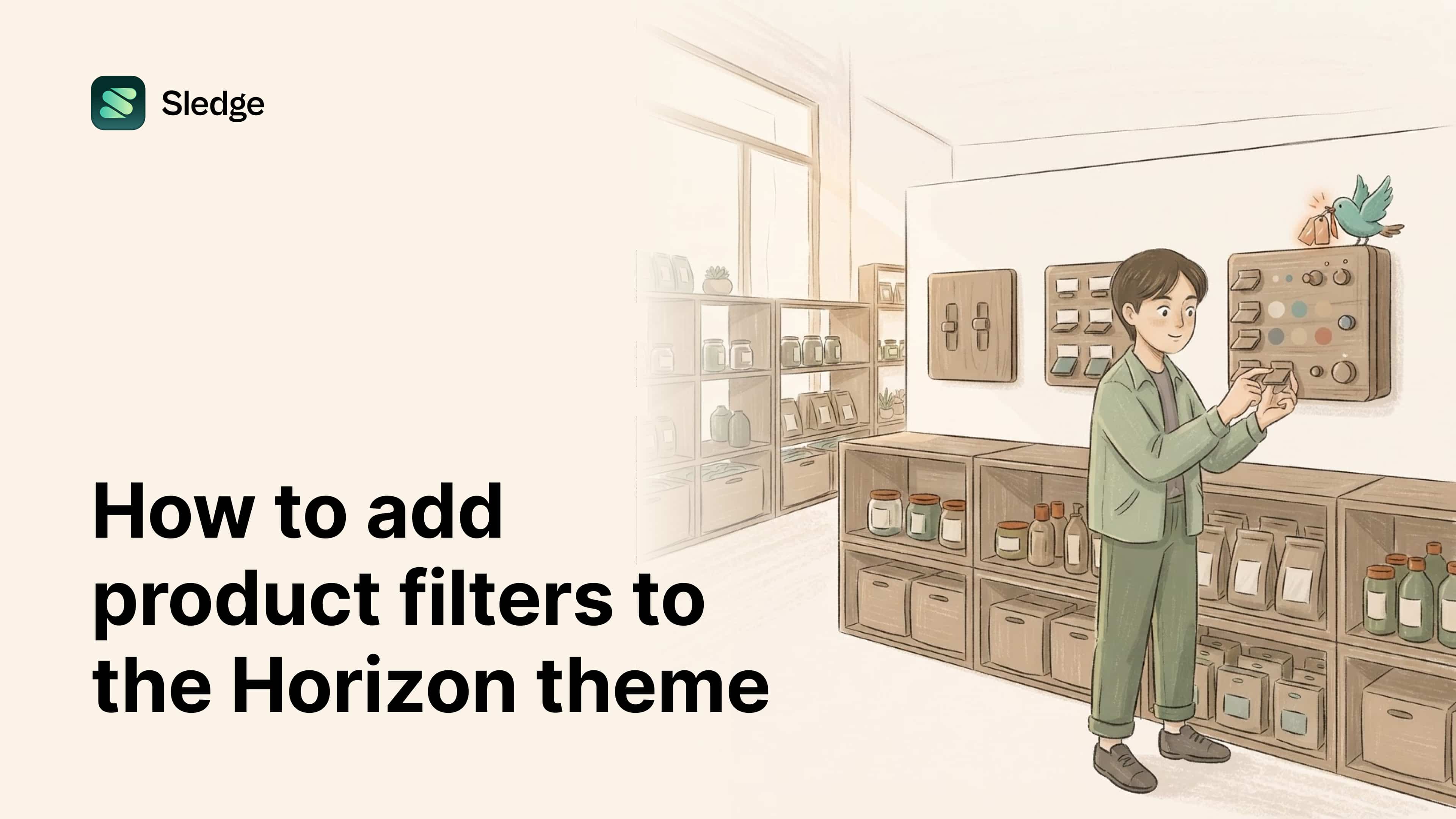 Illustrated wall panel of toggles, dials, and color swatch dots being tuned beside shelves of jars and bags.