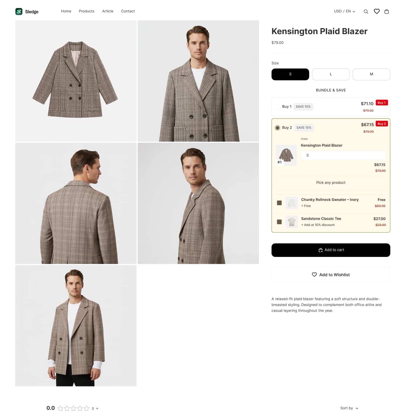 Product page on Horizon with a Sledge bundle and save block offering two quantity tiers.