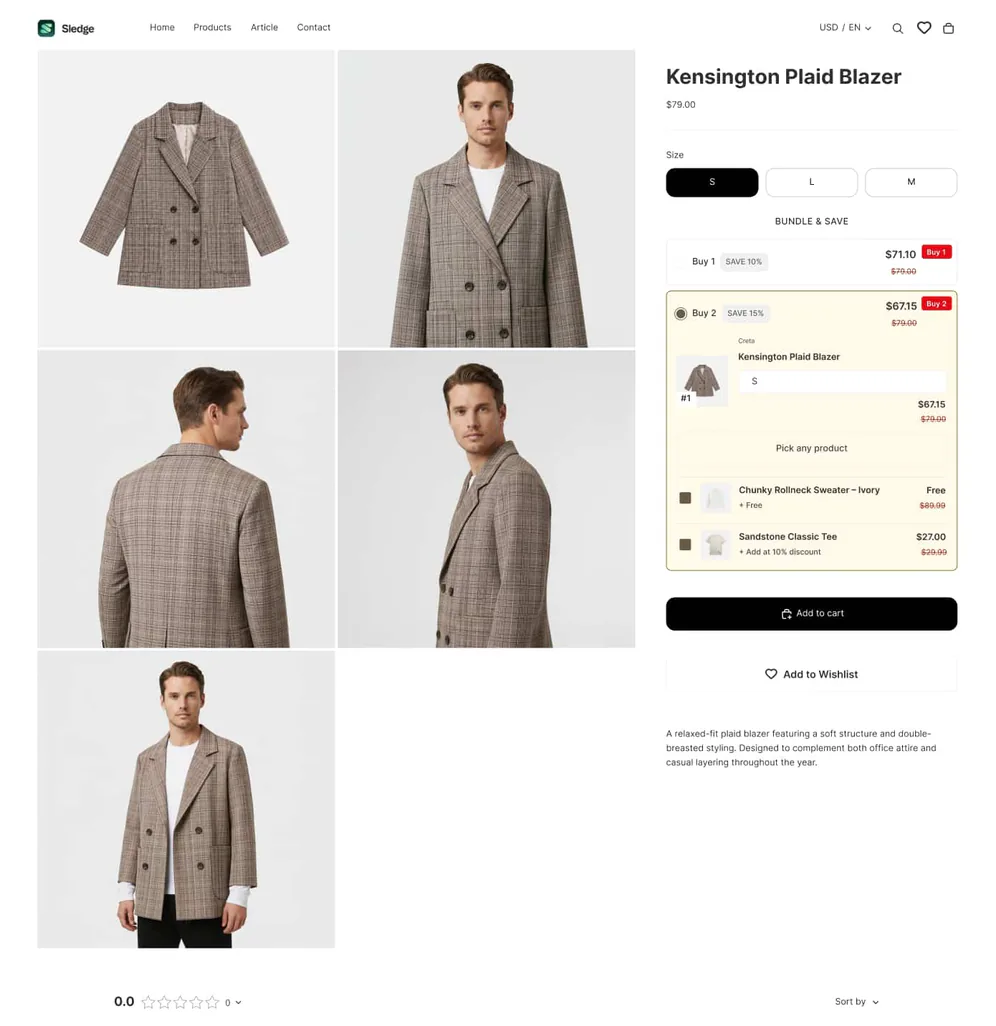 Product page on Horizon with a Sledge bundle and save block offering two quantity tiers.