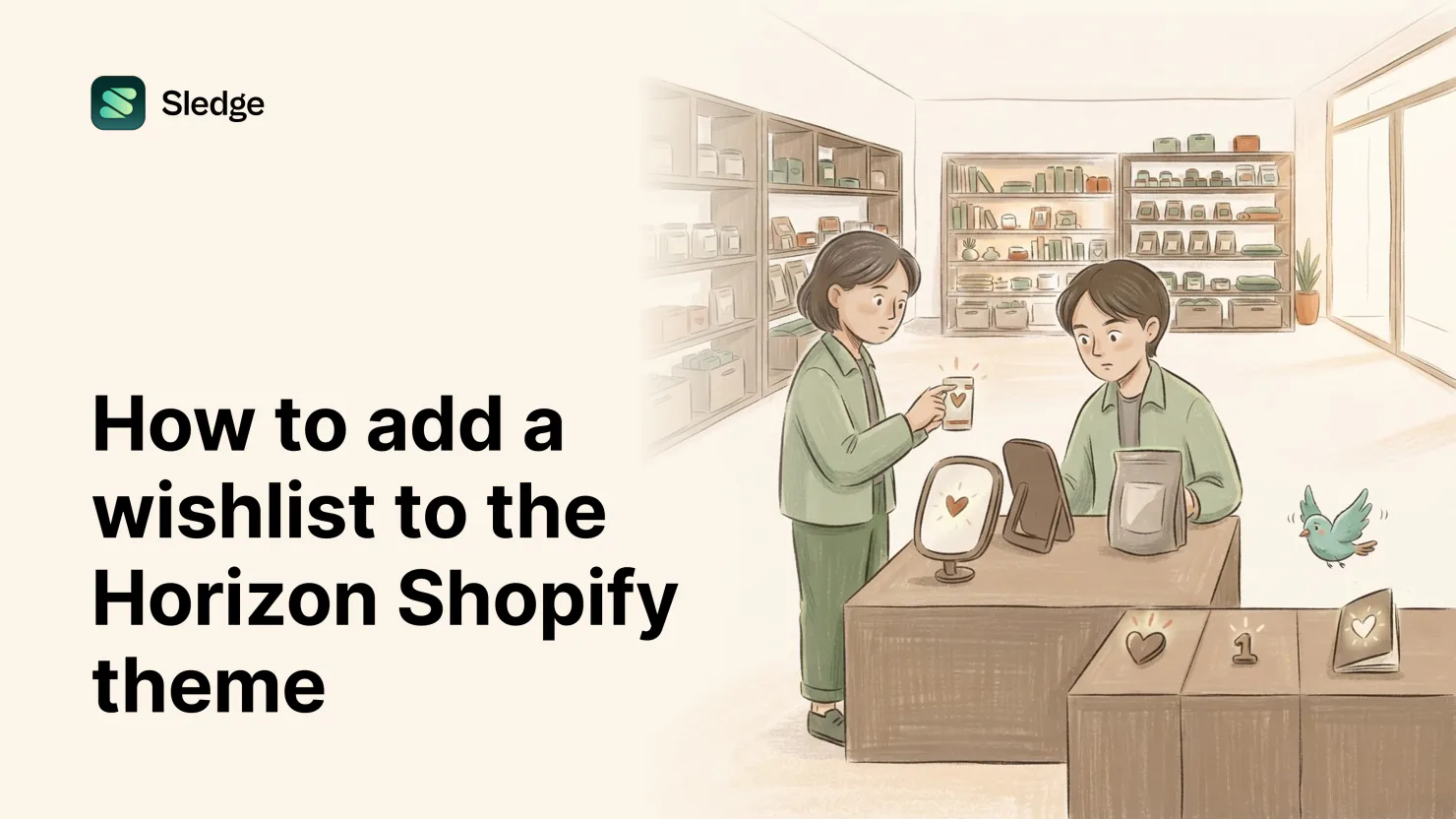 Two shopkeepers at a counter look over a jar and a small frame both marked with a glowing heart, while a teal bird flutters beside boxes marked with a heart and a number one.