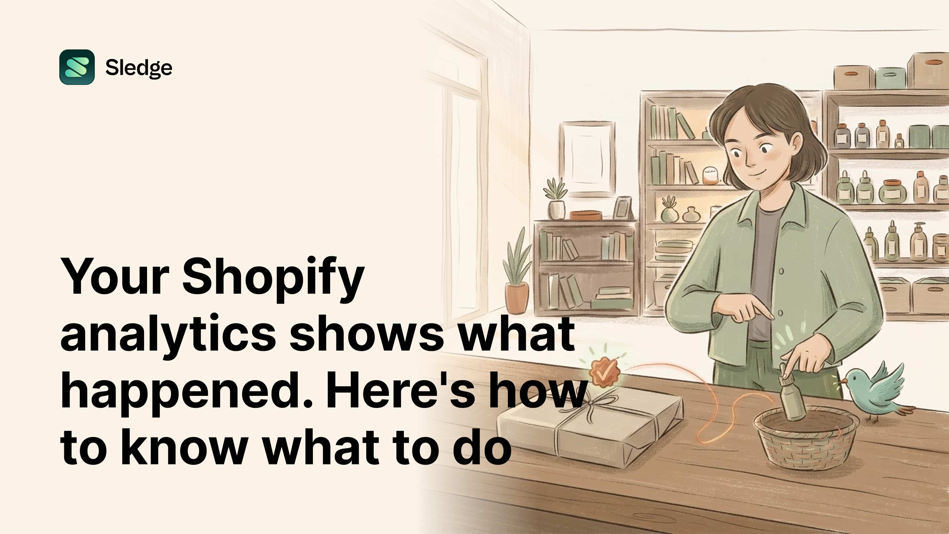 A thread runs from a check-sealed parcel to the bottle a shopkeeper plants in a basket, the next move made visible