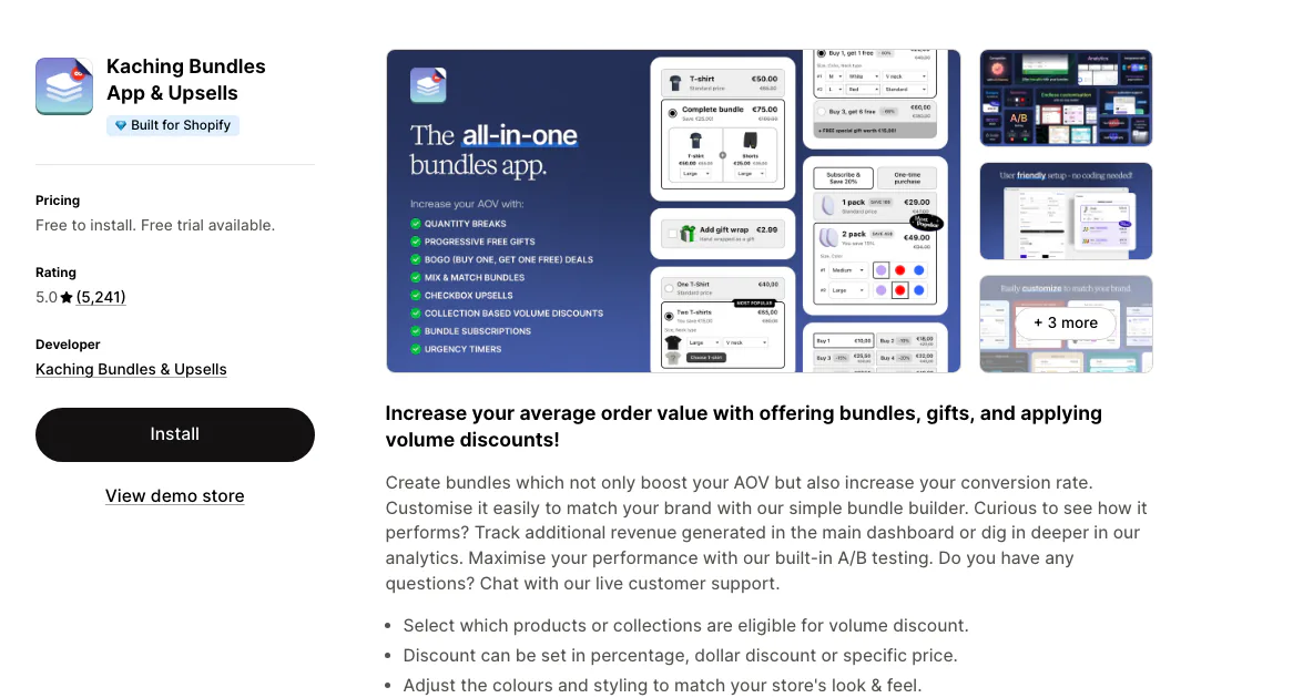 The Kaching Bundles App and Upsells listing on the Shopify App Store, rated 5.0 from 5,241 reviews, Built for Shopify, free to install.