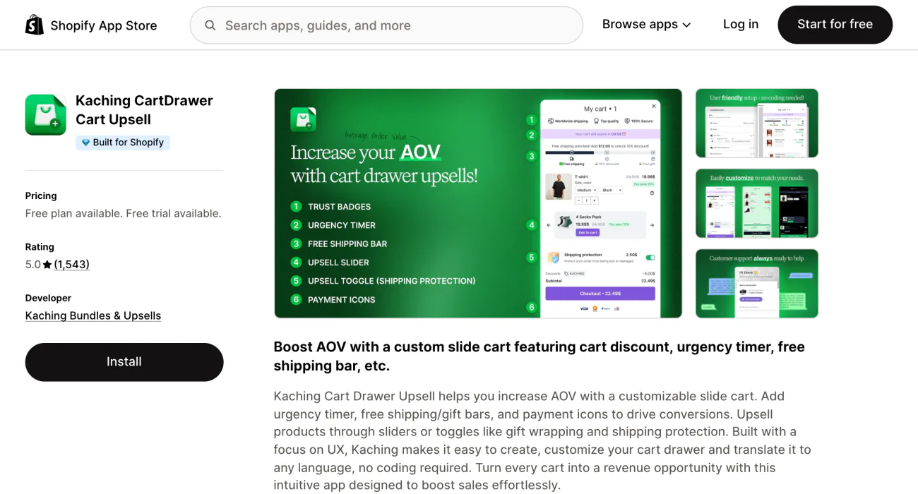The Kaching Cart Drawer listing on the Shopify App Store, showing its summary and screenshots.