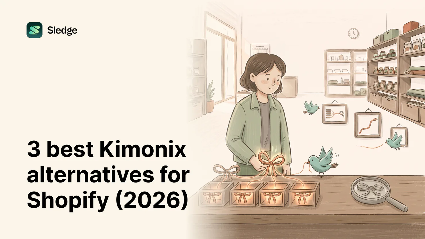 An illustrated Sledge shopkeeper tying ribbons on four glowing gift boxes at a counter, a magnifying glass and framed charts nearby, for '3 best Kimonix alternatives for Shopify.'