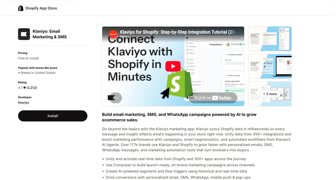 The Klaviyo Email Marketing and SMS listing on the Shopify App Store, rated 4.7 from 3,312 reviews, free to install.