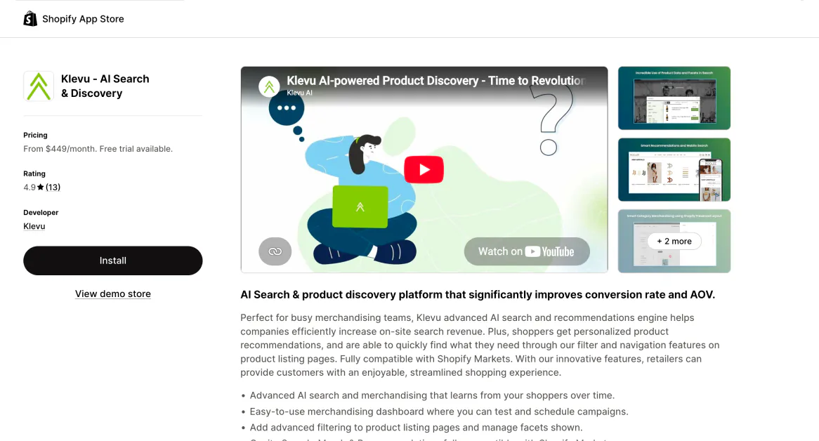 The Klevu AI Search and Discovery listing on the Shopify App Store, priced from $449 a month, previewing its search, recommendation, and category merchandising screens.