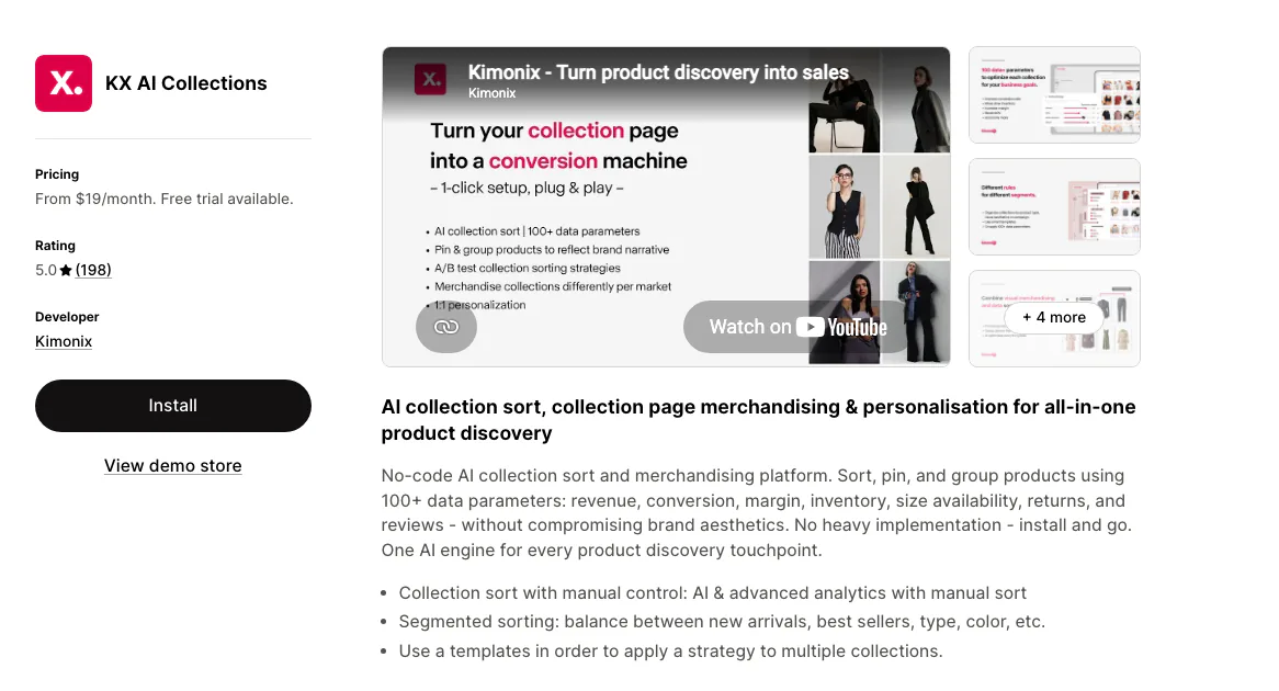 The KX AI Collections listing on the Shopify App Store by Kimonix, rated 5.0 from 198 reviews, from $19 a month with a free trial.