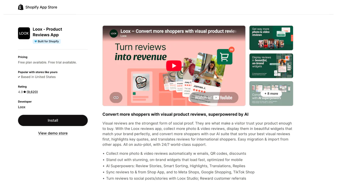 The Loox Product Reviews App listing on the Shopify App Store, rated 4.9 from 9,620 reviews, Built for Shopify, with a free plan and a free trial.