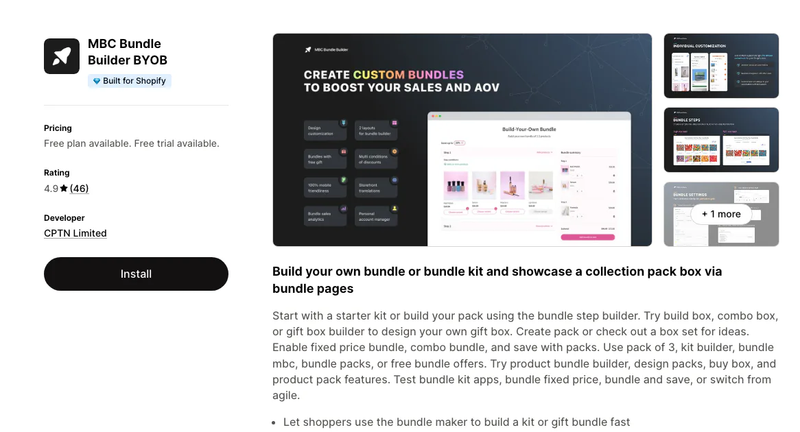 The MBC Bundle Builder BYOB listing on the Shopify App Store by CPTN Limited, Built for Shopify, rated 4.9 from 46 reviews.