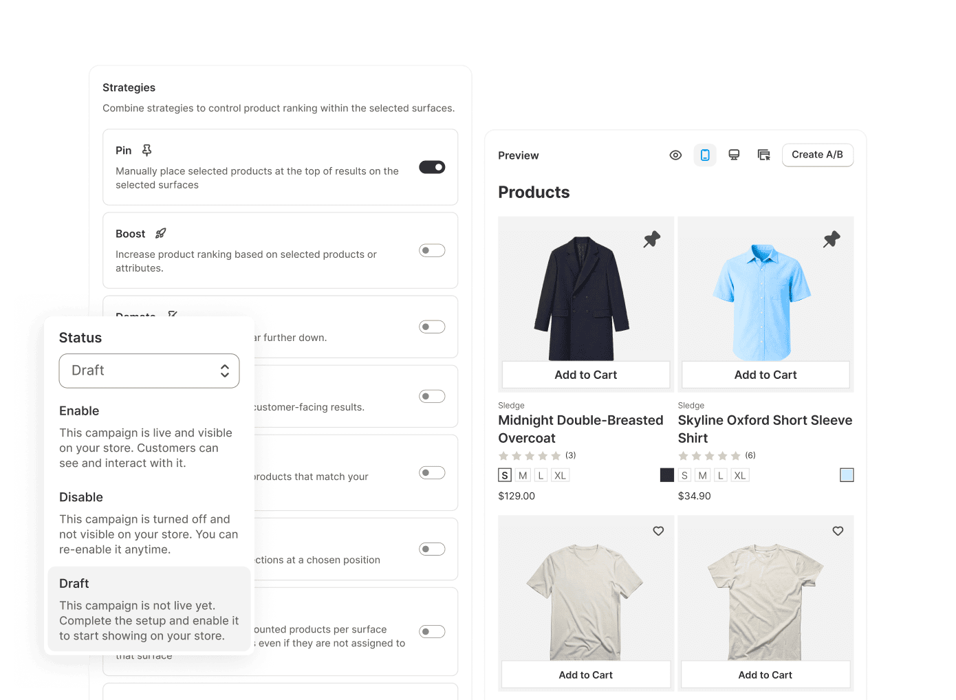 A Shopify merchandising rule held in Draft while its pin and boost strategies are previewed against the live grid.