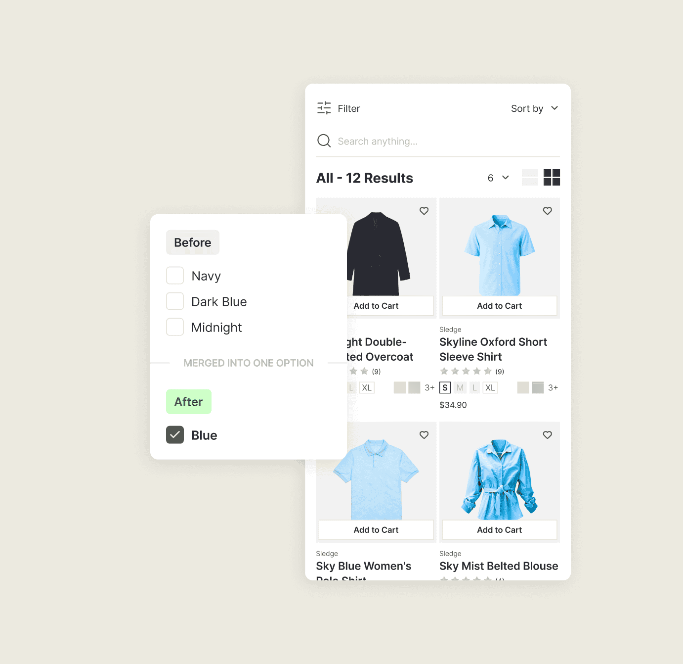 Midnight, sky, and blue product variants folded into one clean blue facet on a Shopify collection.