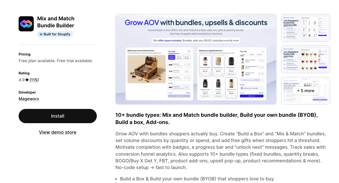 The Mix and Match Bundle Builder listing on the Shopify App Store by Mageworx, Built for Shopify, rated 4.9 from 115 reviews.
