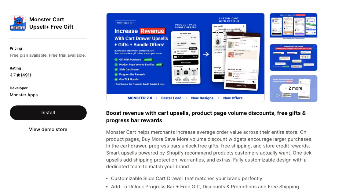 The Monster Cart Upsell and Free Gift listing on the Shopify App Store by Monster Apps, rated 4.7 from 491 reviews.